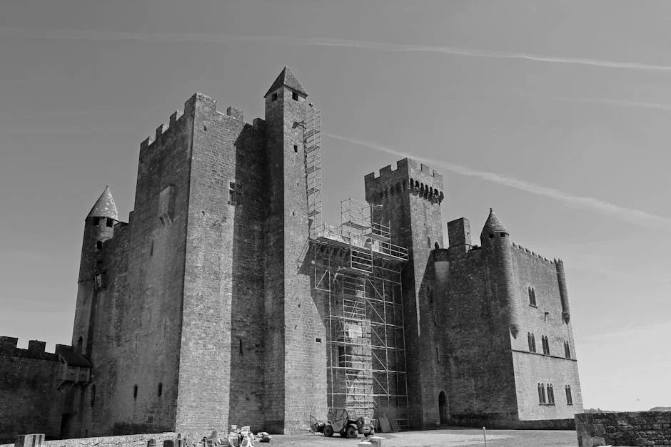 Restauration d'un château médiéval — échafaudages et travaux