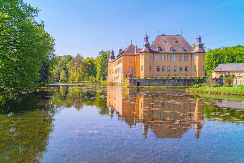 Douves du château médiéval — reflet des tours dans l'eau