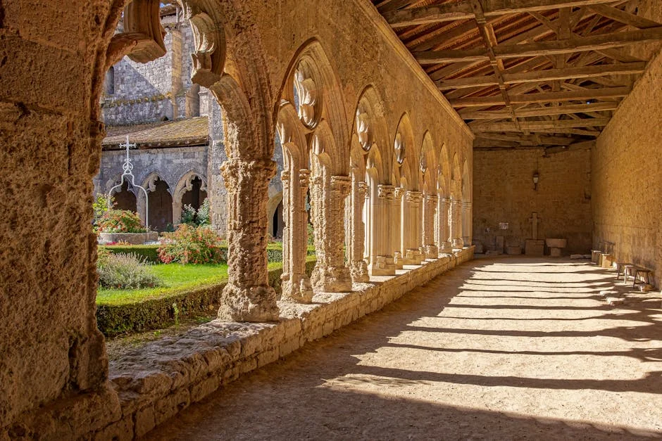 Jardin de cloître médiéval en France — roses et vieilles pierres