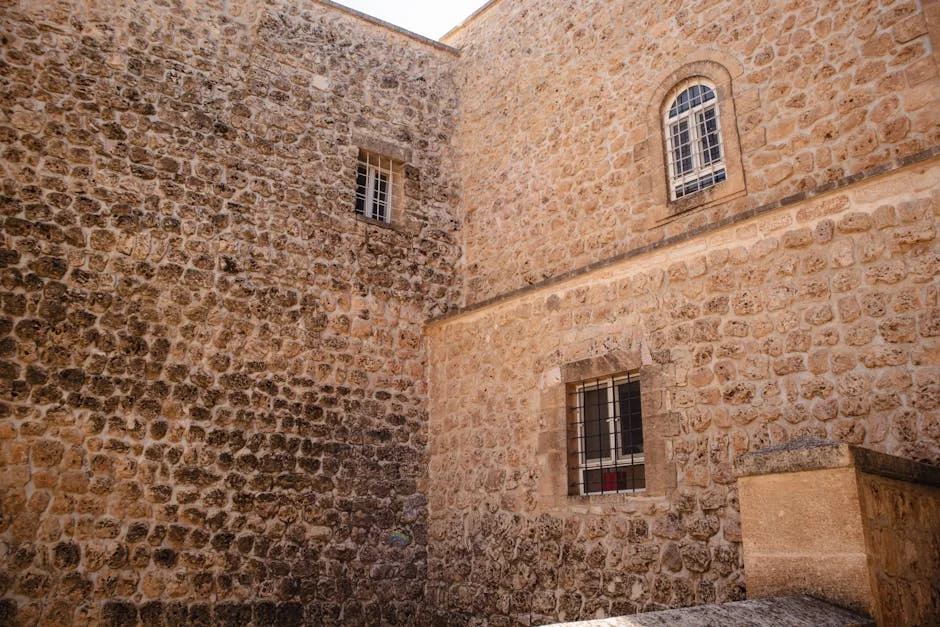Monastère caché — jardin secret entouré de murs de pierre